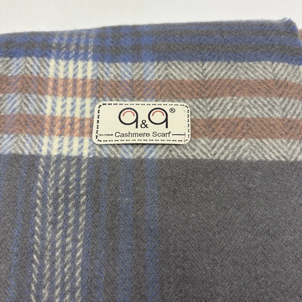 100% Cashmere Large Scarf Womens Blue Plaid Fringe Travel Luxury Soft Wrap Money